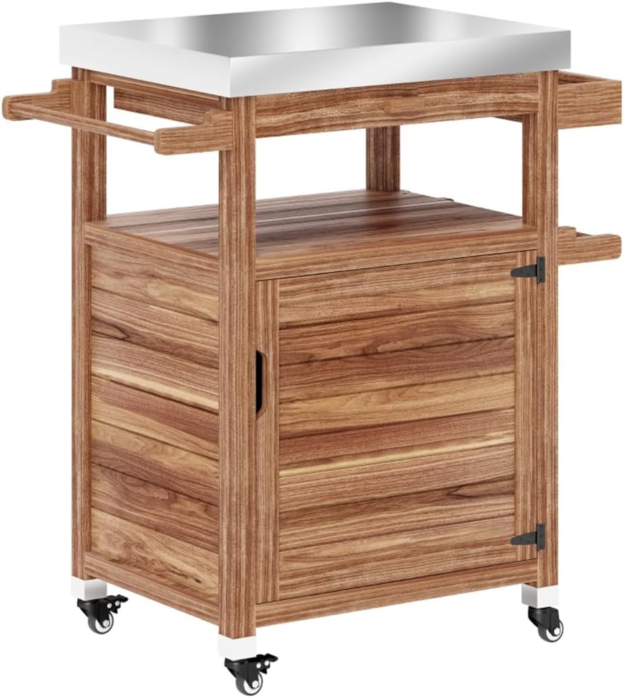 Outdoor Grill Cart with Storage Cabinet, Lockable Wheels & Spice Rack - Stainless Steel BBQ Prep Table for Pizza Oven, Serving Cart, Potting Table (Brown, 33.3' W)