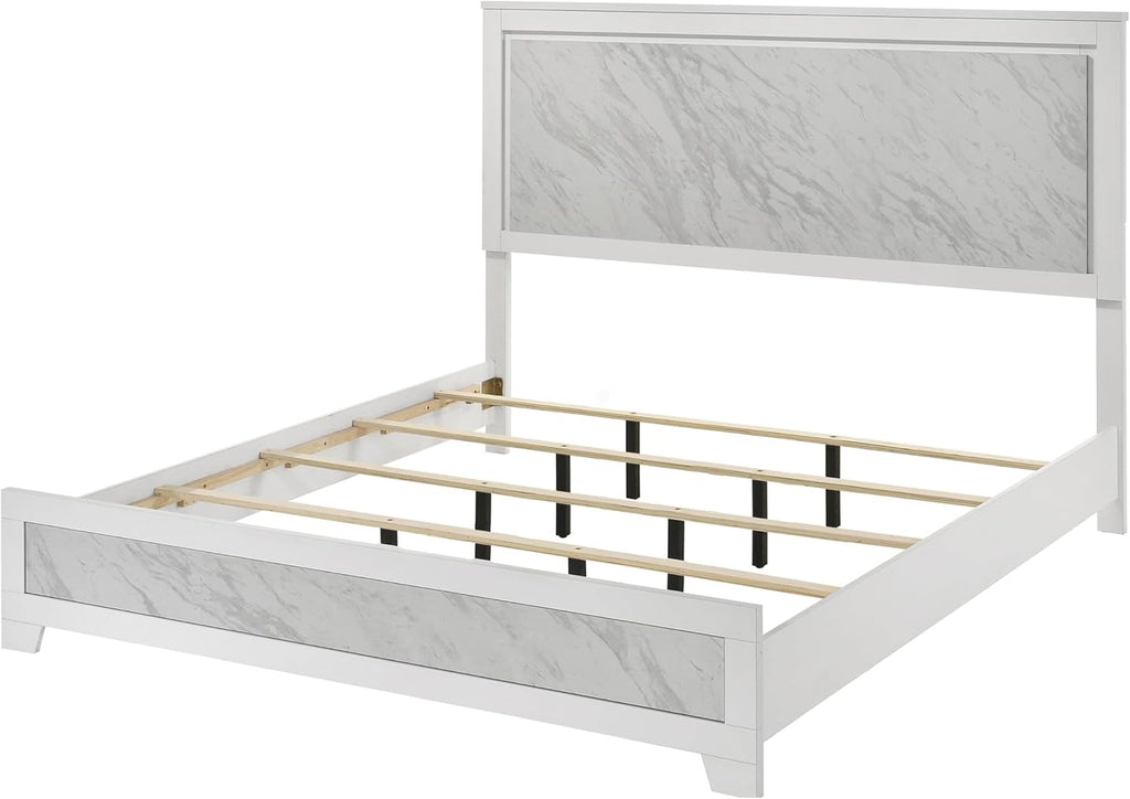 Furniture of America Anton Modern Solid Wood 3-Piece Bedroom Set with Faux Marble Headboard Bed, Metal Center Glide on Nightstands, Box Spring Needed for Bedroom, Guest Room, King, White