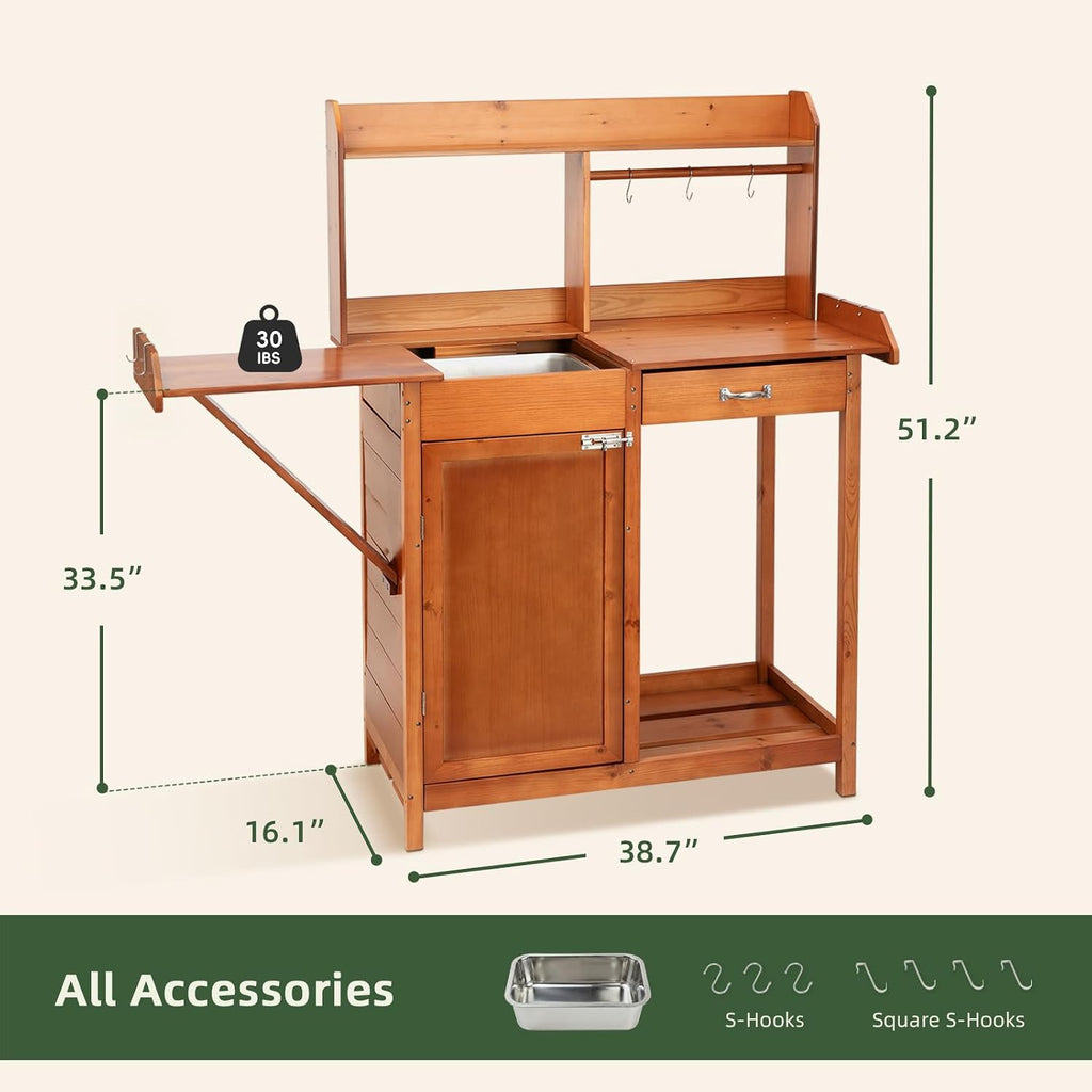 OOOK Potting Bench, Nordic Scots Pine Potting Table with Sliding Tabletop, Removable Sink, Garden Bench, Workstation for Outside Patio Lawn, Wooden Garden Work Station