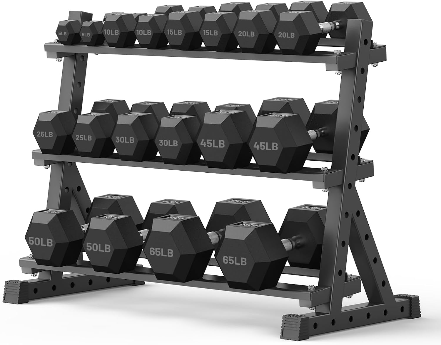PAPABABE Hex Dumbbell Set with Rack, Rubber Encased Free Weight with Weight Storage Racks, Multiple Weight Options for Home Gym and Fitness