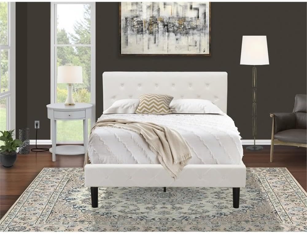 East West Furniture NL19F-1HI14 2 Piece Full Size Bedroom Set - Button Tufted Bed Frame - Linen white Velvet Fabric Upholstered Headboard and an Urban Gray Finish Nightstand