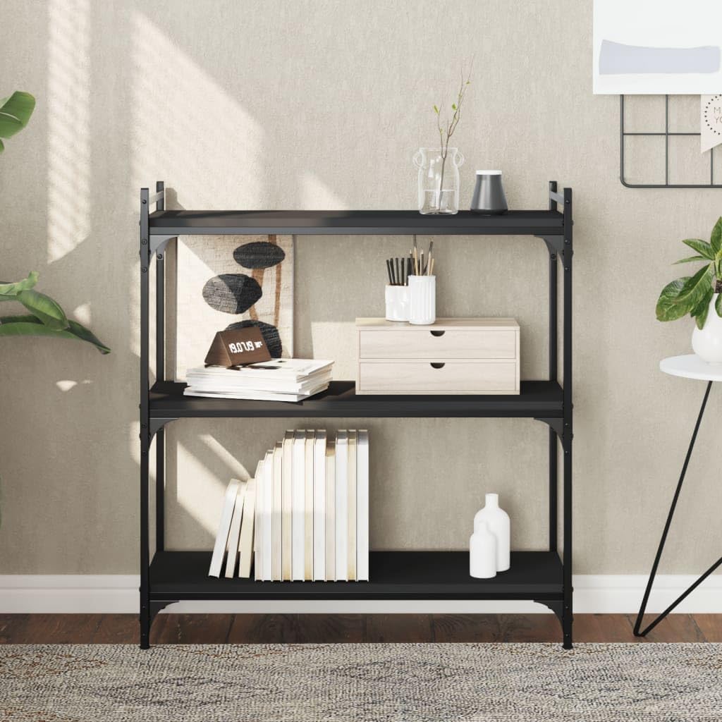 Black Engineered Wood Bookcase, 3-Tier Adjustable Shelves for Living Room, Sturdy Metal Frame Display Storage Unit with Matte Finish, 31.5' Wide