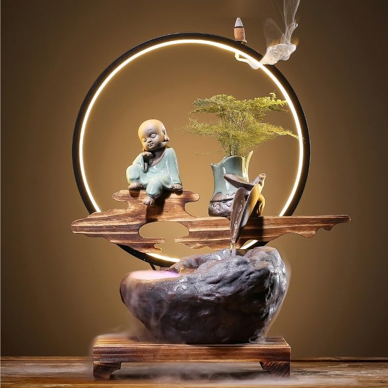 Small Fountain Indoor Tabletop Fountain with Light Ring Water Fountain Humidifier Living Room Office Home Creative Craft Ornaments Tabletop Fountains