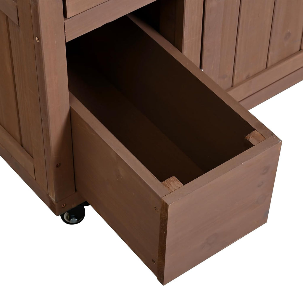 Outdoor Solid Wood Extendable 19.3''/28'' Kitchen Island,Stainless Steel Top Grill Table with Side Spice Rack,Drawers,for Backyard, BBQ,Party (Brown-D)