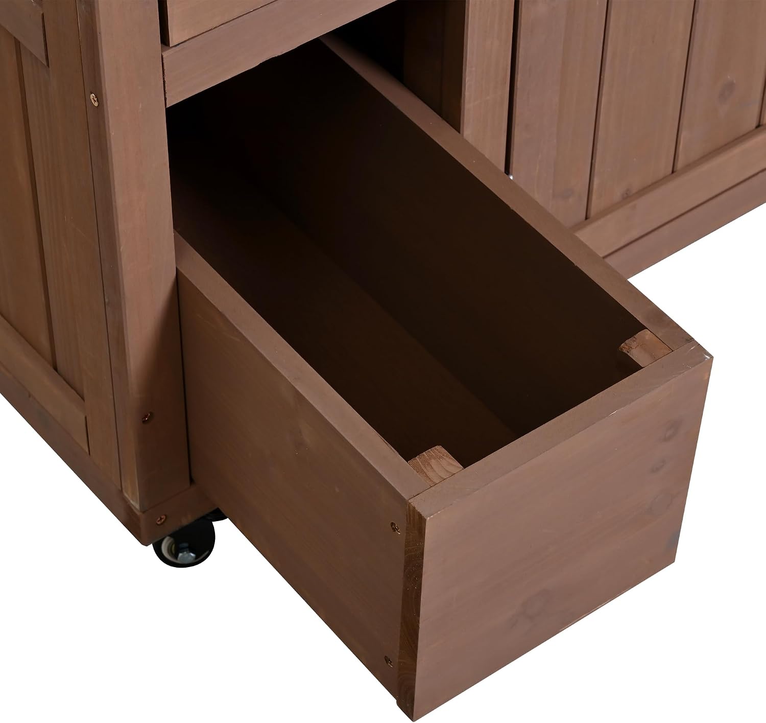 Outdoor Solid Wood Extendable 19.3''/28'' Kitchen Island,Stainless Steel Top Grill Table with Side Spice Rack,Drawers,for Backyard, BBQ,Party (Brown-D)