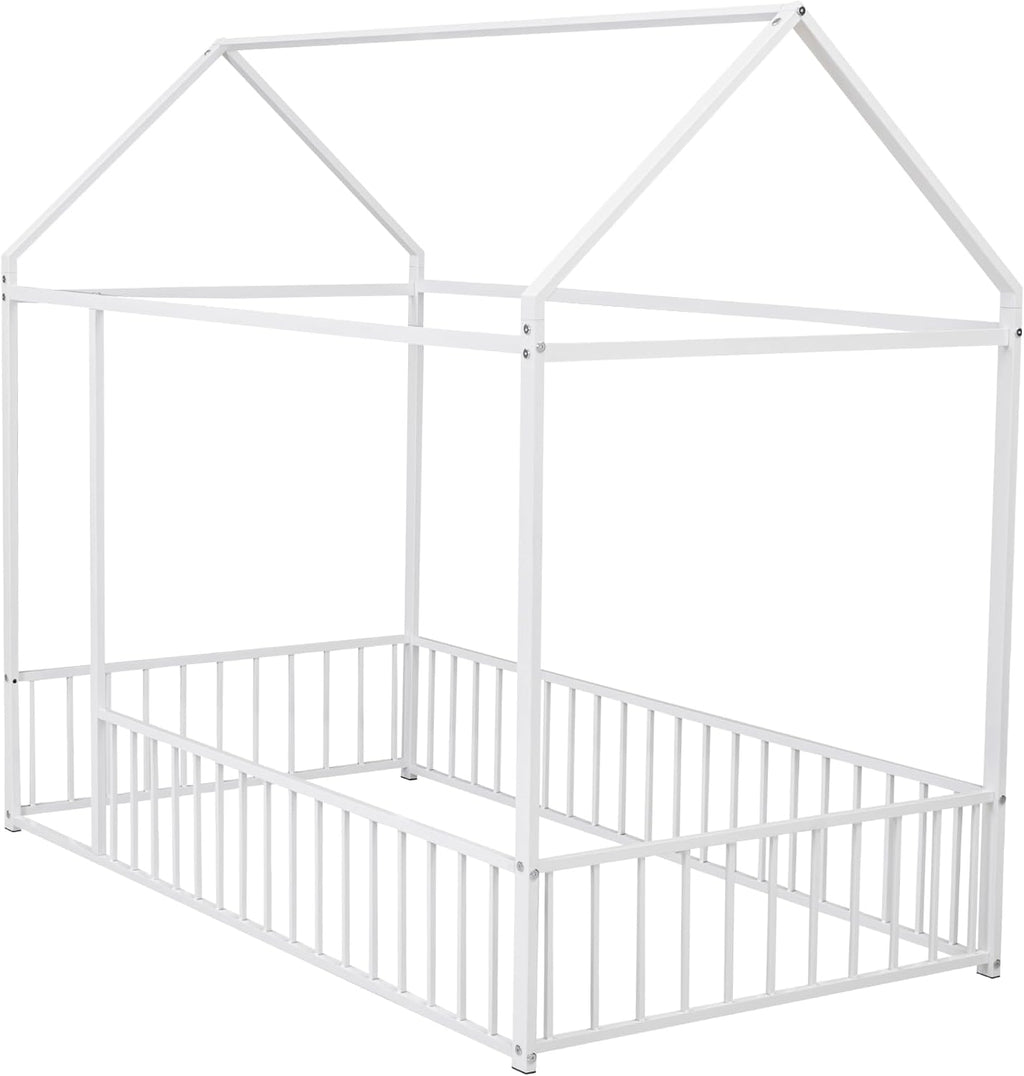 Bellemave Twin Size House Floor Montessori Bedframe with Rails and roof, Metal House Bed for Kids, Montessori Floor Beds for Kids, White