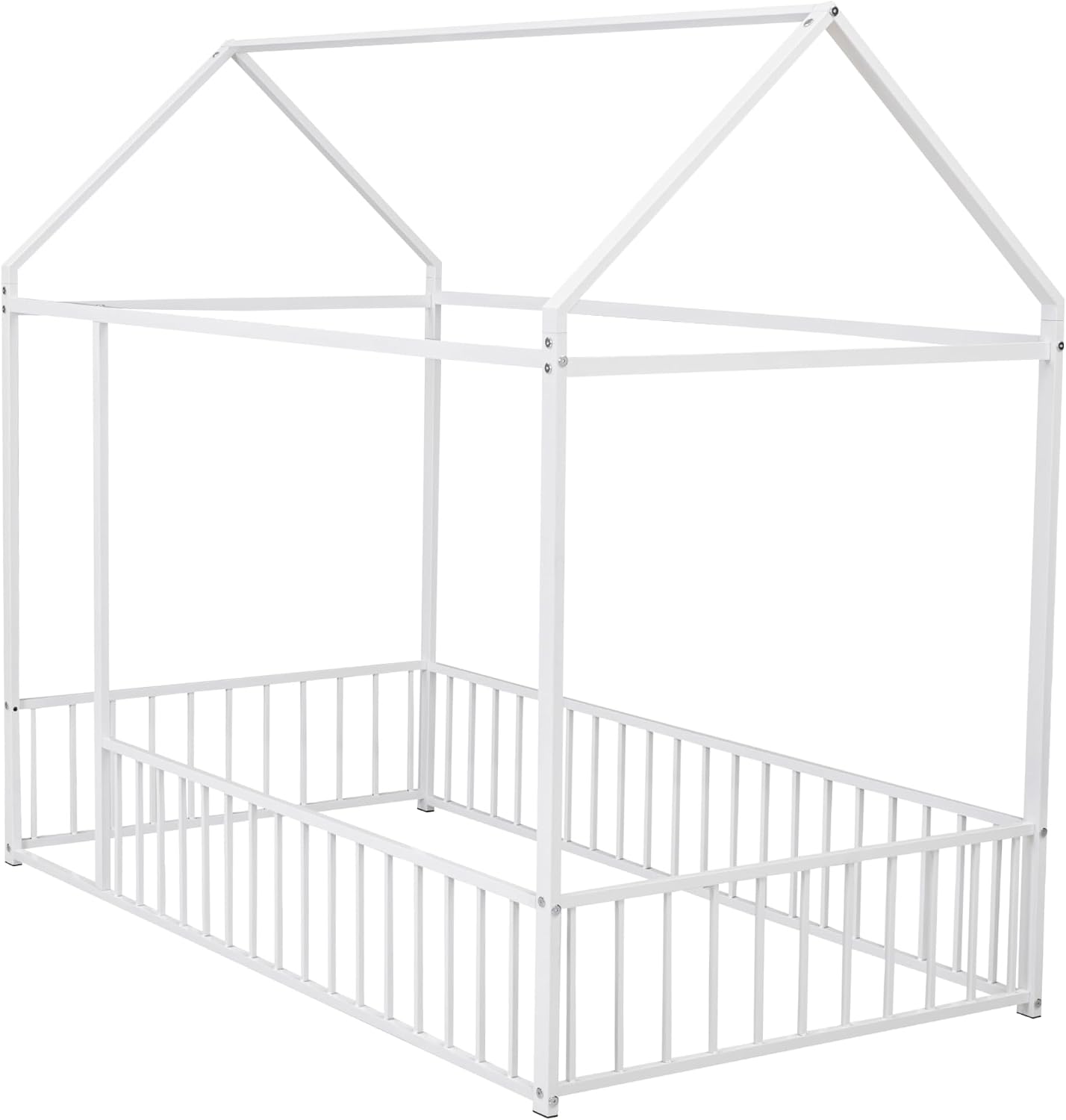 Bellemave Twin Size House Floor Montessori Bedframe with Rails and roof, Metal House Bed for Kids, Montessori Floor Beds for Kids, White