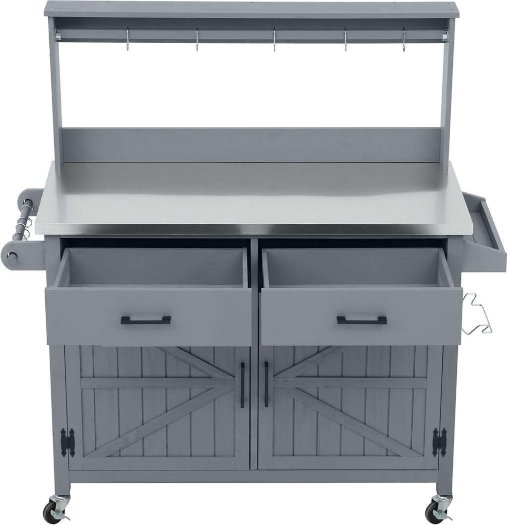 54.1' Outdoor Kitchen Island with High Shelf, Large Outdoor Potting Bench Table with Stainless Steel Top and Storage, Solid Wood Grill Cart With Lockable Wheels for BBQ, Garden (Grey+Blue-54.1')
