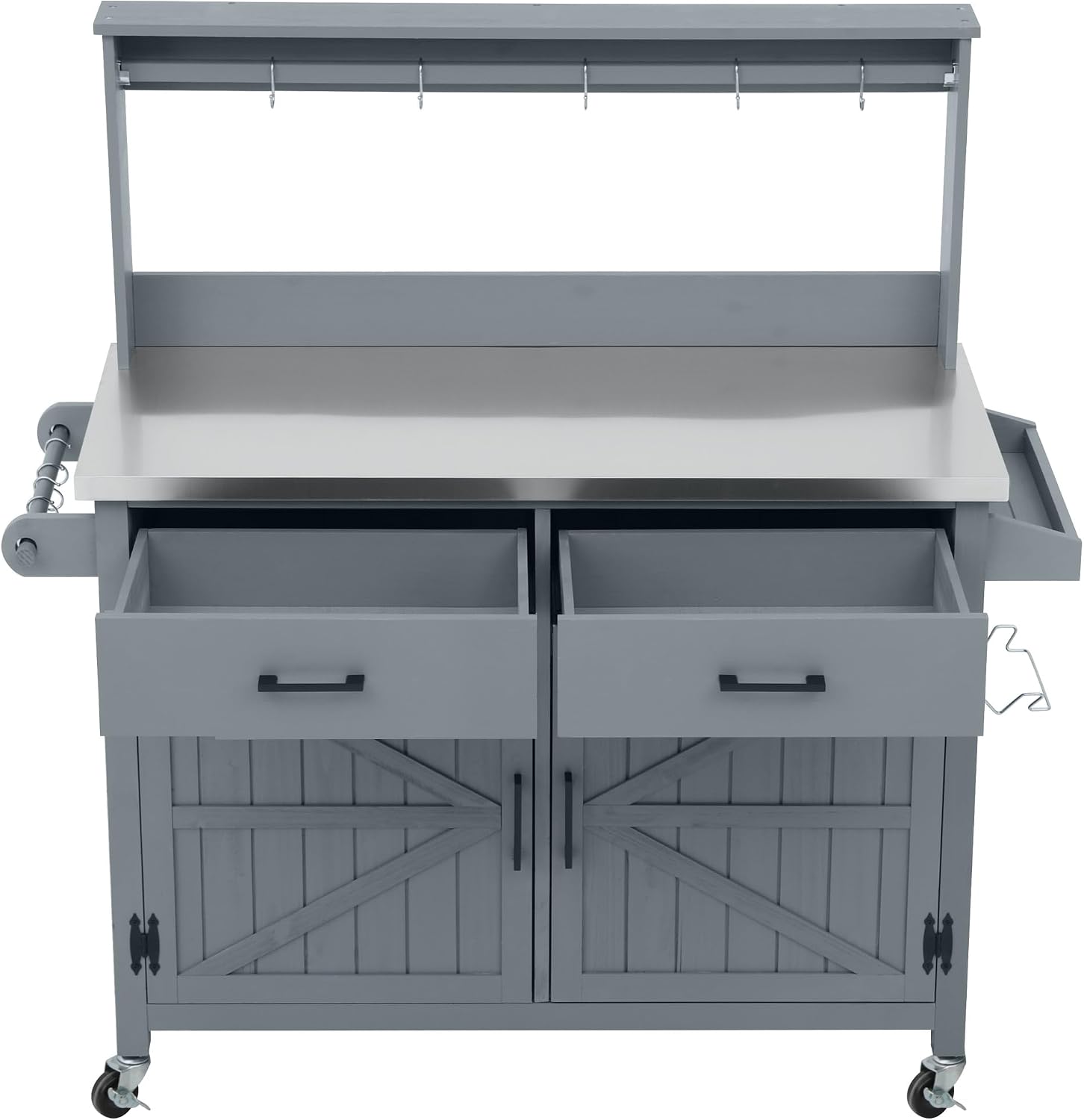 54.1' Outdoor Kitchen Island with High Shelf, Large Outdoor Potting Bench Table with Stainless Steel Top and Storage, Solid Wood Grill Cart With Lockable Wheels for BBQ, Garden (Grey+Blue-54.1')