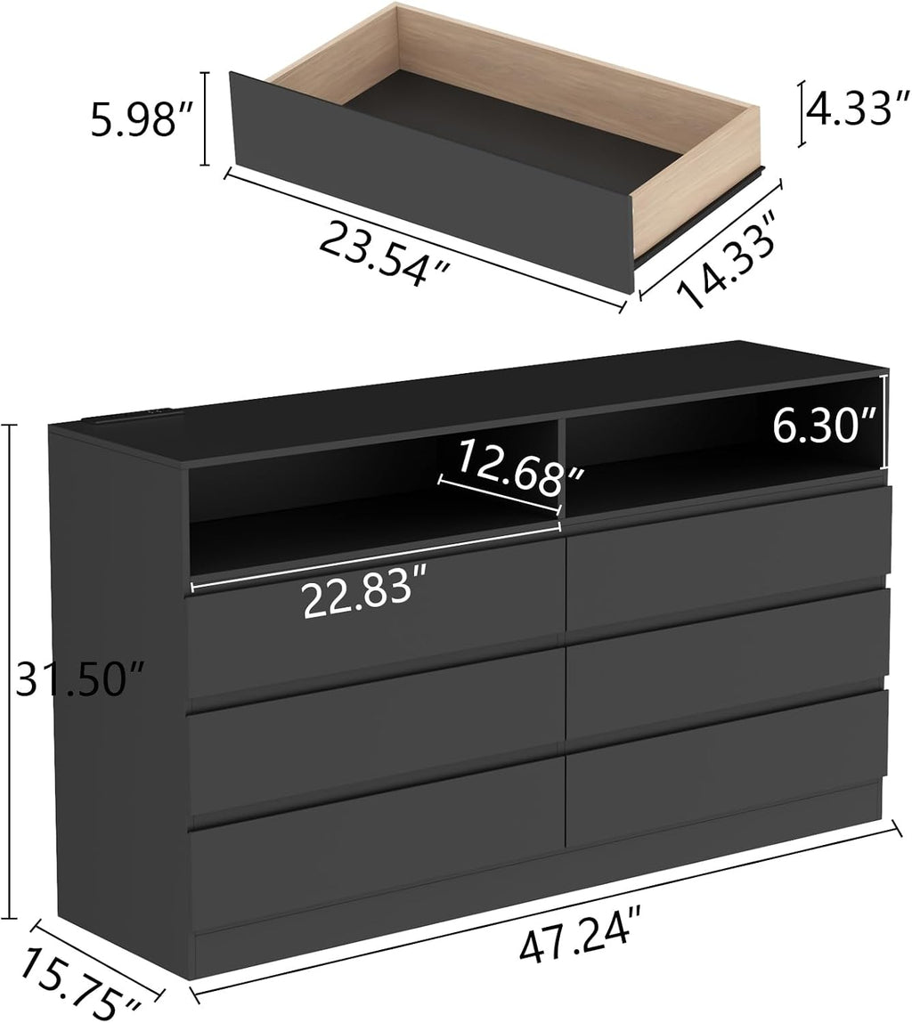 Loomie 6 Drawer Dresser for Bedroom, Wide Chest of Drawers with Charging Station and LED Lights, Traditional Bedroom Furniture, Modern Storage Dresser TV Stand for Living Room (Black)