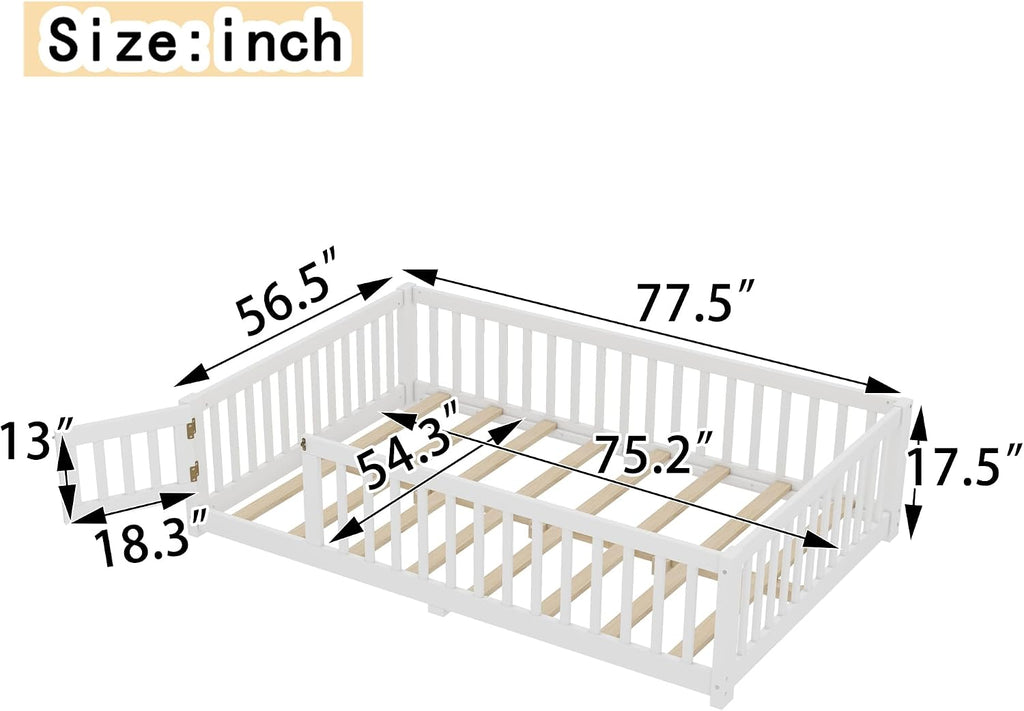 Full Size Floor Bed with Door and Fence for Kids, Montessori Floor Bed with Slats and Safety Guardrails,Solid Wood Full Bed Frame for Girls Boys(Full,White)