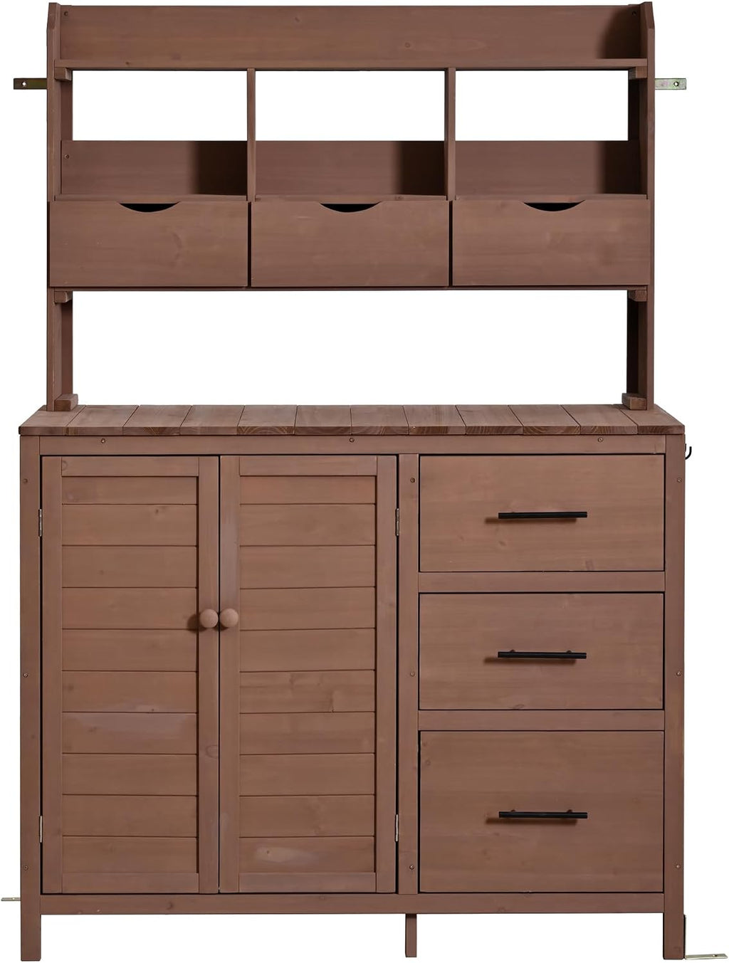 Farmhouse Patio Potting Bench with Storage Cabinet, 65' H Garden Workstation with 6 Drawers and Side Hooks, Outdoor Kitchen Island with Adjustable Shelf for Patio, Backyard, Brown