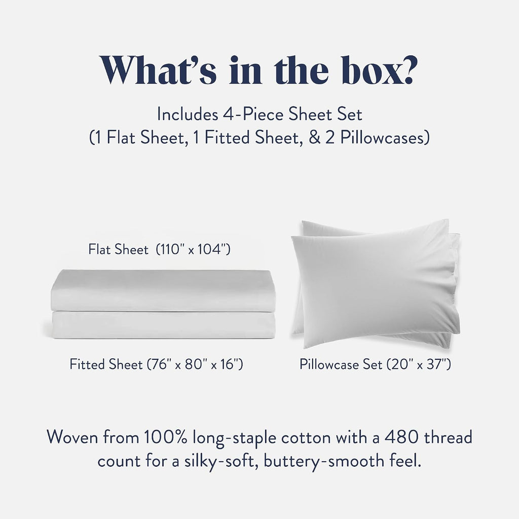 Brooklinen Luxury Sateen 4 Piece Sheet Set - 100% Cotton Bed Sheets, Soft & Durable Piece King Size Sheets Set in White, Oeko-TEX Certified Bedding Set, 1 Fitted Sheet, 1 Flat Sheet, 2 Pillowcases