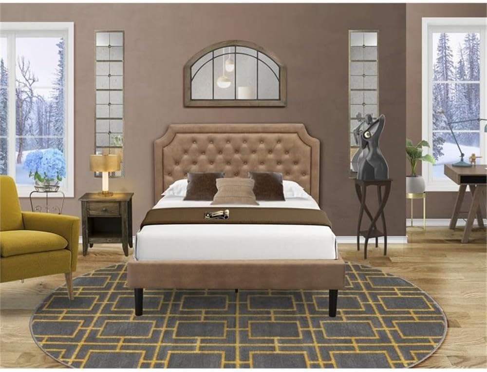 East West Furniture GB28F-1GA07 2-Piece Granbury Full Size Bed Set with Button Tufted Upholstered Bed and 1 Distressed Jacobean Modern Nightstand - Brown faux Leather with Brown Texture and Black Legs