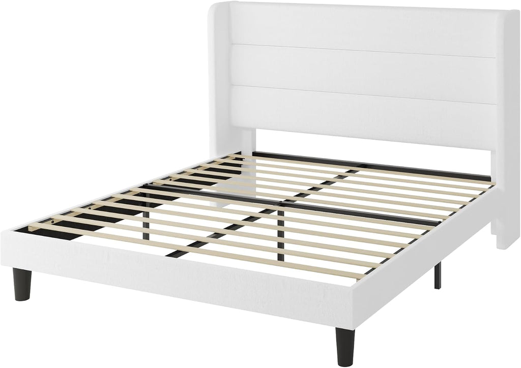 SHA CERLIN Queen Size Velvet Bed Frame with Wingback Headboard/Upholstered Platform Bed with Wooden Slats/Mattress Foundation/No Box Spring Needed/Easy Assembly/White