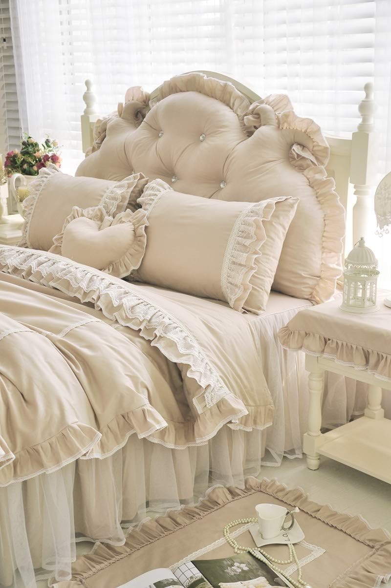 LELVA Chic Wrinkle Girls Bedding Solid Color Shabby Ruffle Duvet Cover Set Full Cotton 4 Piece Romantic Lace Design Bed Skirt Khaki