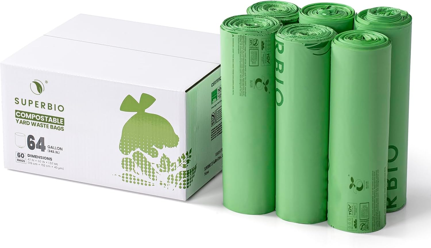 SUPERBIO 64 Gallon Compostable Yard Waste Bags, Lawn & Leaf Bags, 242.3L (60 Count Bulk), Heavy Duty 1.57 Mils, BPI and OK compost INDUSTRIAL