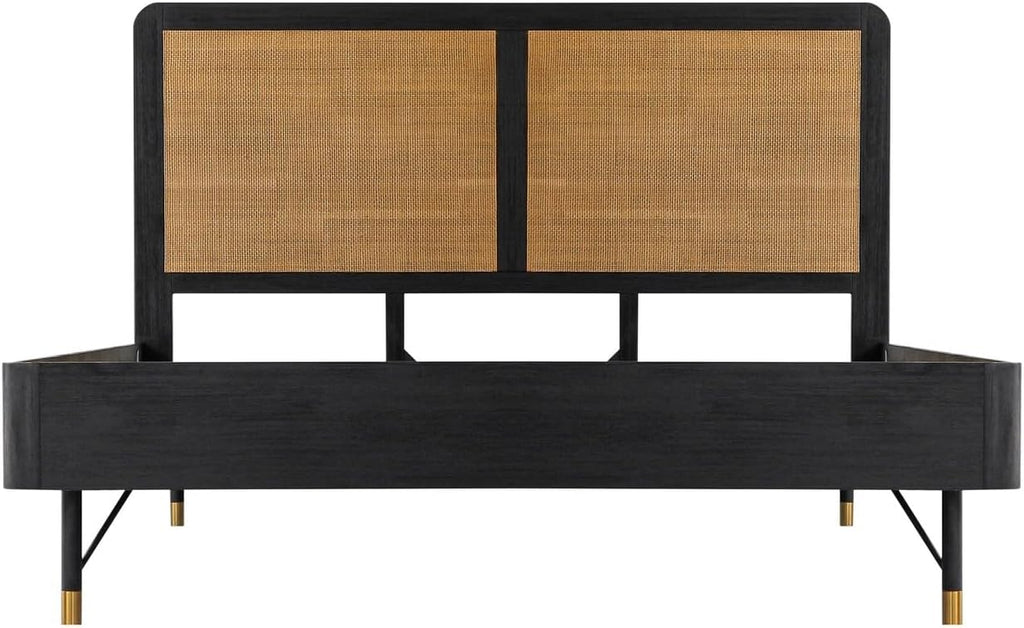 HomeStock King Bedroom Set Black Acacia Wood Rattan 3 Piece Bed Nightstands