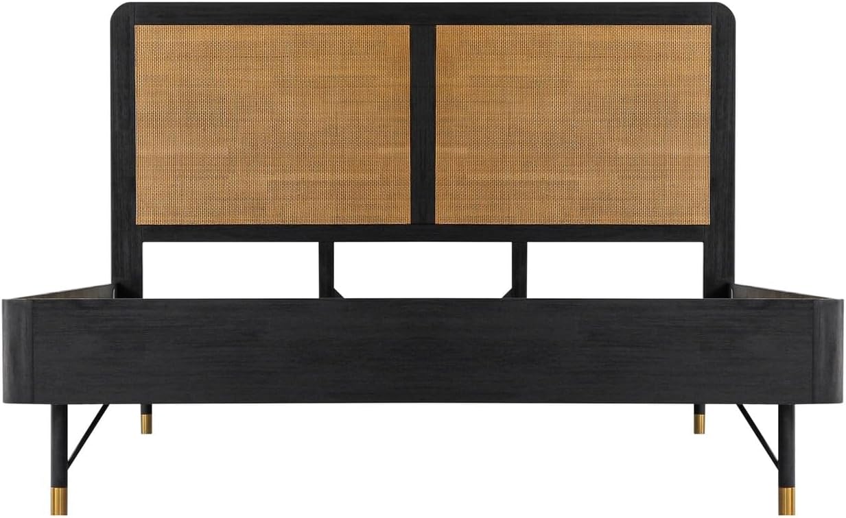 HomeStock King Bedroom Set Black Acacia Wood Rattan 3 Piece Bed Nightstands
