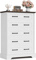 Furmax Farmhouse Dresser for Bedroom, 5 Drawers Dresser, Wood Chest of Drawers, 31.5' Wide Storage Dressers Organizer for Bedroom, Living Room (White and Brown)