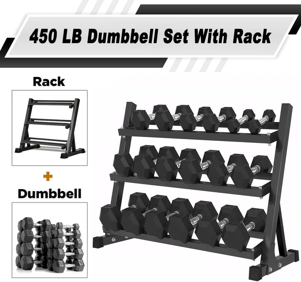 Rubber Hex Dumbbells with Rack 350/450/550 LBS - Free Weights Dumbbell Set Home Gym Equipment Exercise & Fitness Dumbbells for Strength Training