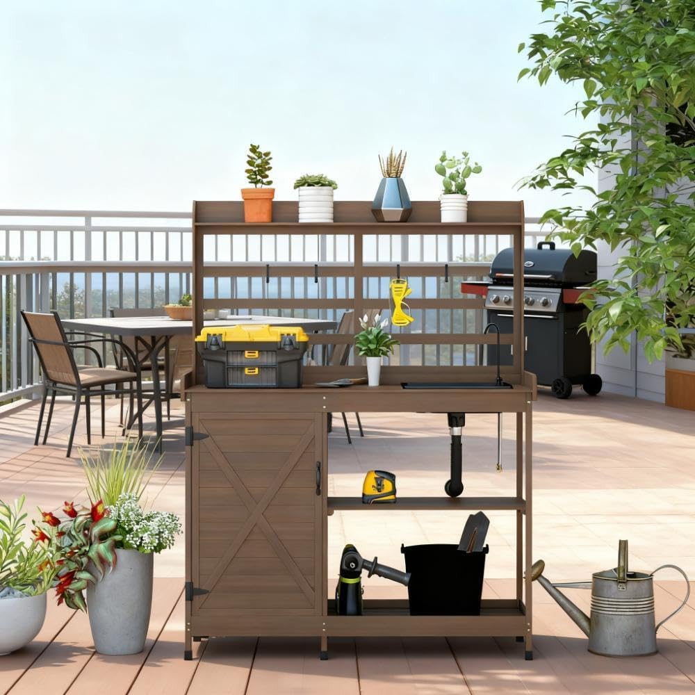 Premium Wooden Potting Bench with Built-in Sink, Adjustable Shelf, Tool Hooks, and Ample Storage for Gardeners (Dark Brown + Wood)