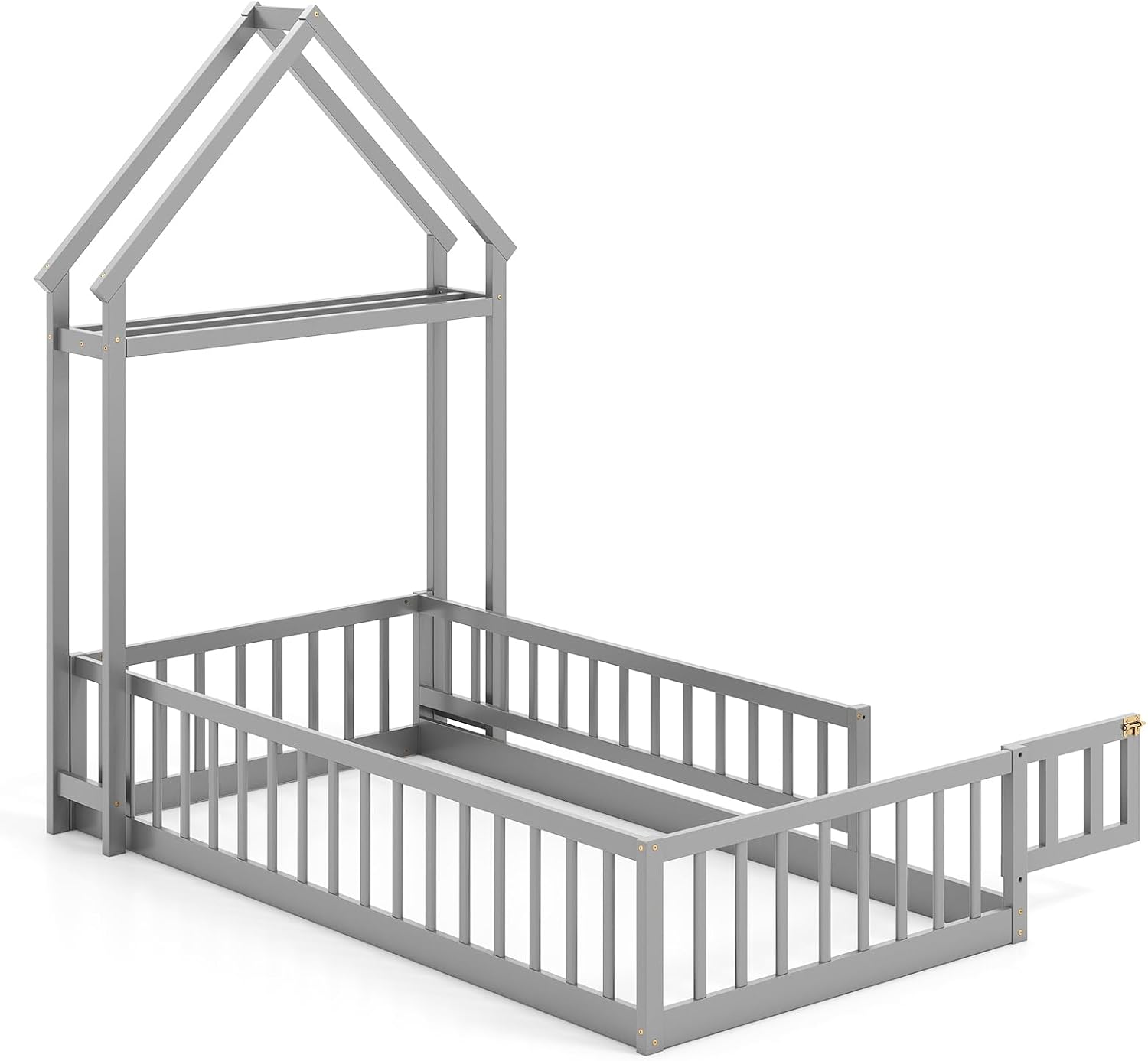 KOMFOTT Twin Size Floor Bed with House-Shaped Headboard, Kids Montessori Floor Bed with Detachable Clothes Hanger, Full Length Safety Guardrails, Door & Latch, Solid Wood Floor Bed Frame