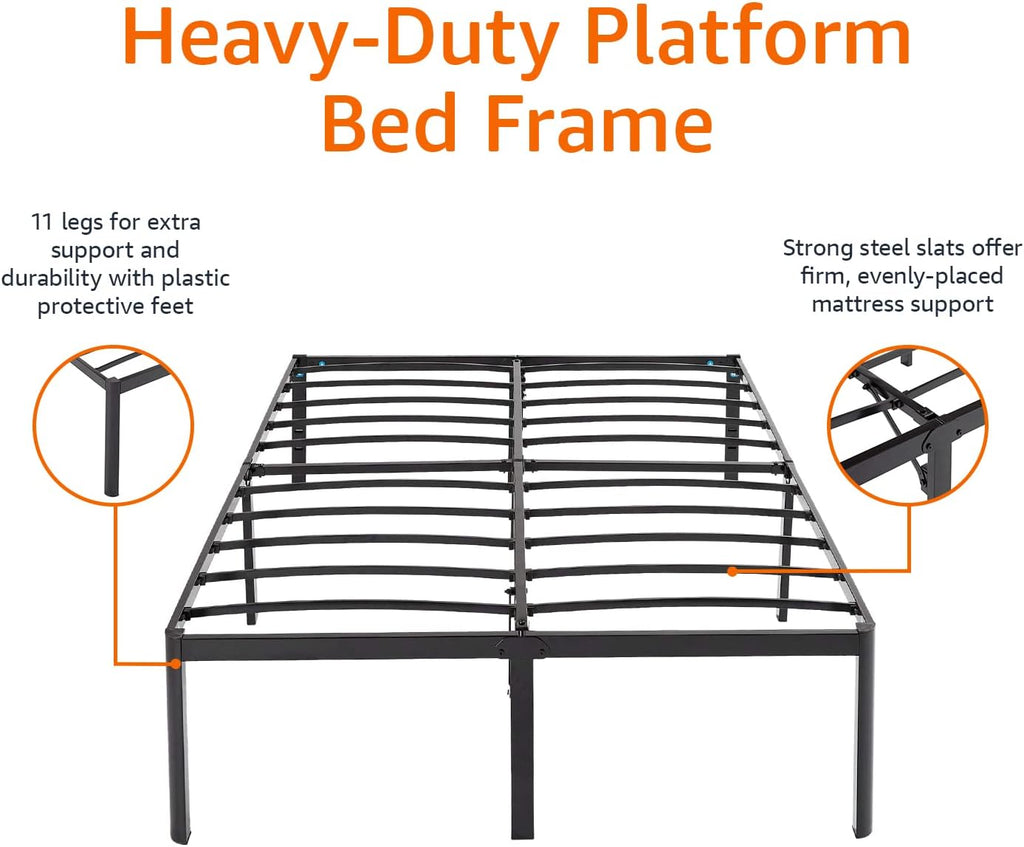 Amazon Basics Heavy-Duty Non-Slip Bed Frame with Steel Slats, 18' Height for Storage Space, Sturdy Support for Mattress, Easy Assembly, Queen, Black