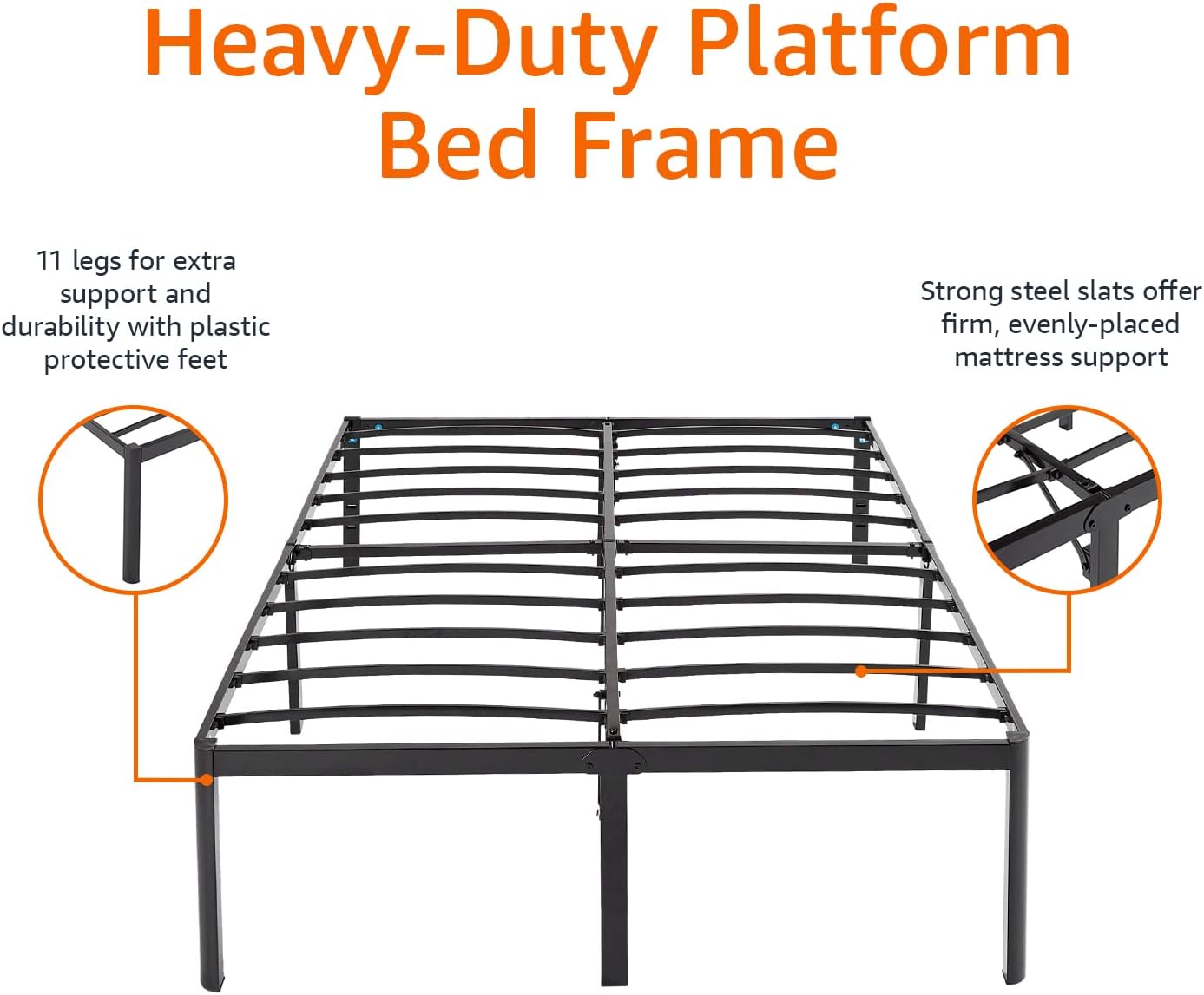 Amazon Basics Heavy-Duty Non-Slip Bed Frame with Steel Slats, 18' Height for Storage Space, Sturdy Support for Mattress, Easy Assembly, Queen, Black