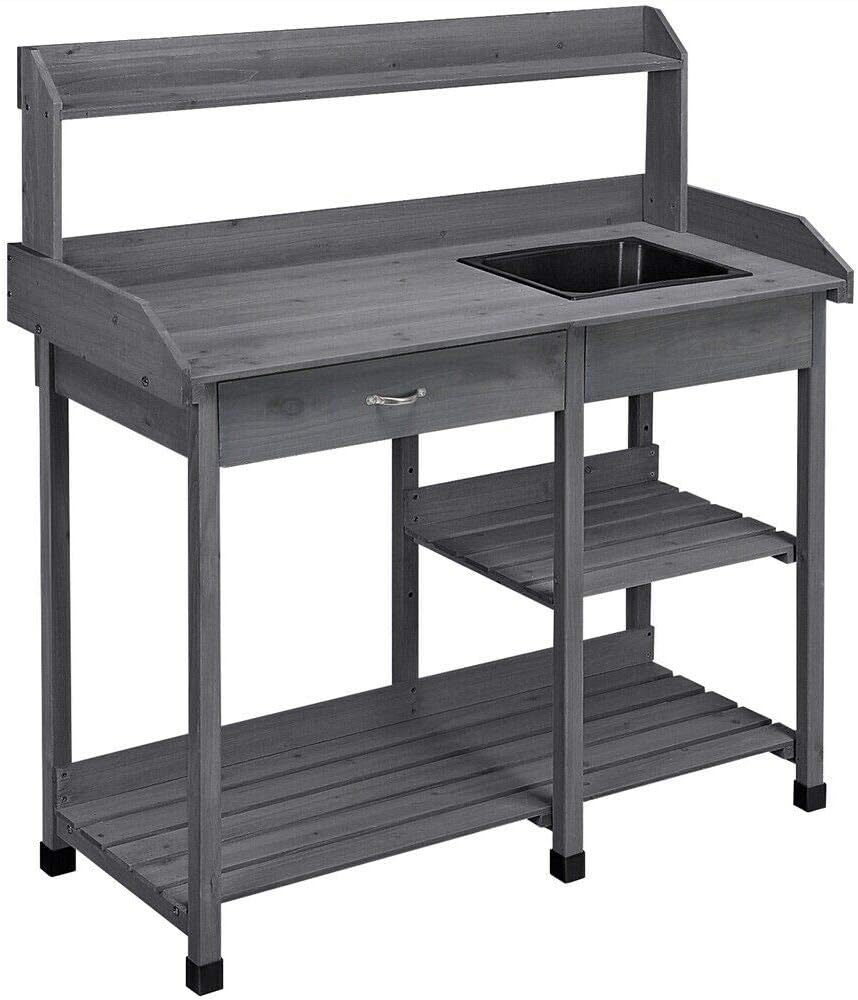 Potting Bench Table Garden Workbench Greenhouse Plastic Sink Indoor Outdoor Easy Assemble Balcony Elegant Wooden Work Planting Drawer Patio Furniture Hook Lawn Gardening Care Shelf Tools Hanging Towel