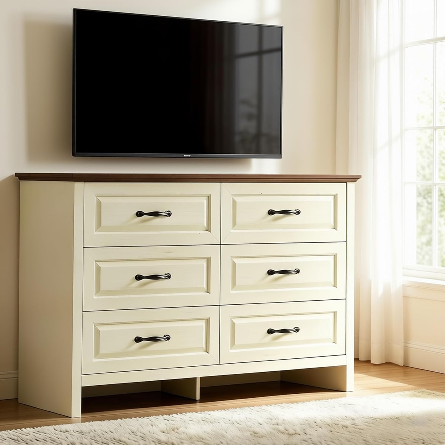 Pipishell White 6 Drawer Dresser for Bedroom, 47' Wide Wood Chest of Drawers with Bar Handles, Modern Storage Dresser Organizer for Bedroom, Living Room, Hallway, Brown & White