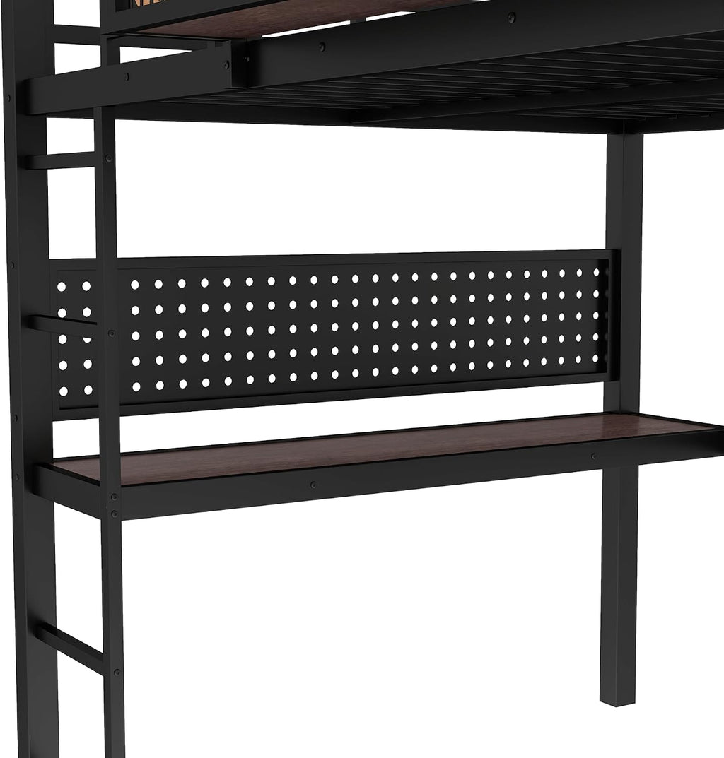 Bellemave Full Size Metal Loft Bed with Desk and Side Clock,Heavy Duty Loft Bed Frame with Charging Station and Pegboard for Kids,Teens,Adults,Full Size,Black