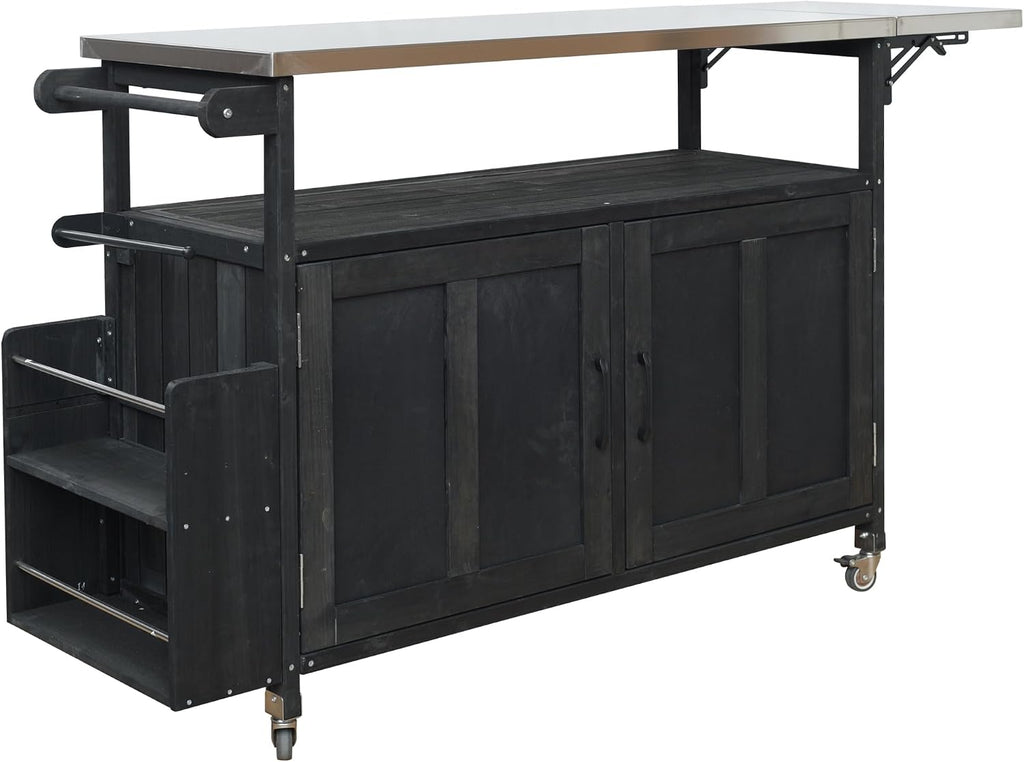 60.6' Outdoor Kitchen Island with Storage Cabinet, Solid Wood Grill Table Cart with Foldable Stainless Steel Top, Wheels and Adjustable Shelves, Outdoor Cooking Table for BBQ, Food Prep, Black