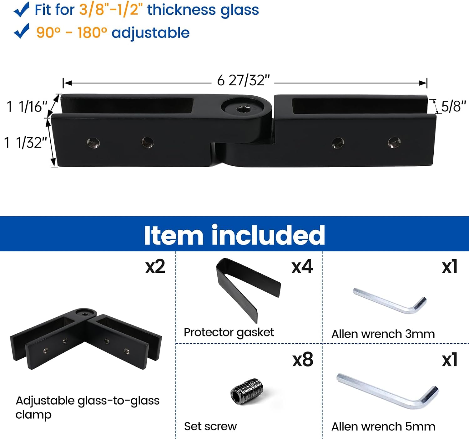 Muzata 8Pack Black Glass Standoff 2' Glass Bracket GA07 with 2Pack Black Adjustable Glass to Glass Clamp Angle (90°-180°) GA08