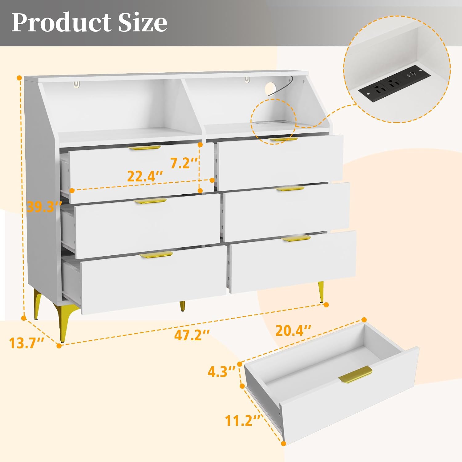 6 Drawer Dresser for Bedroom with Charging Station and LED Lights, Modern Double Dresser, Large Chest of Drawers with Open Space, LED Storage Cabinet for Living Room (White-Gold)