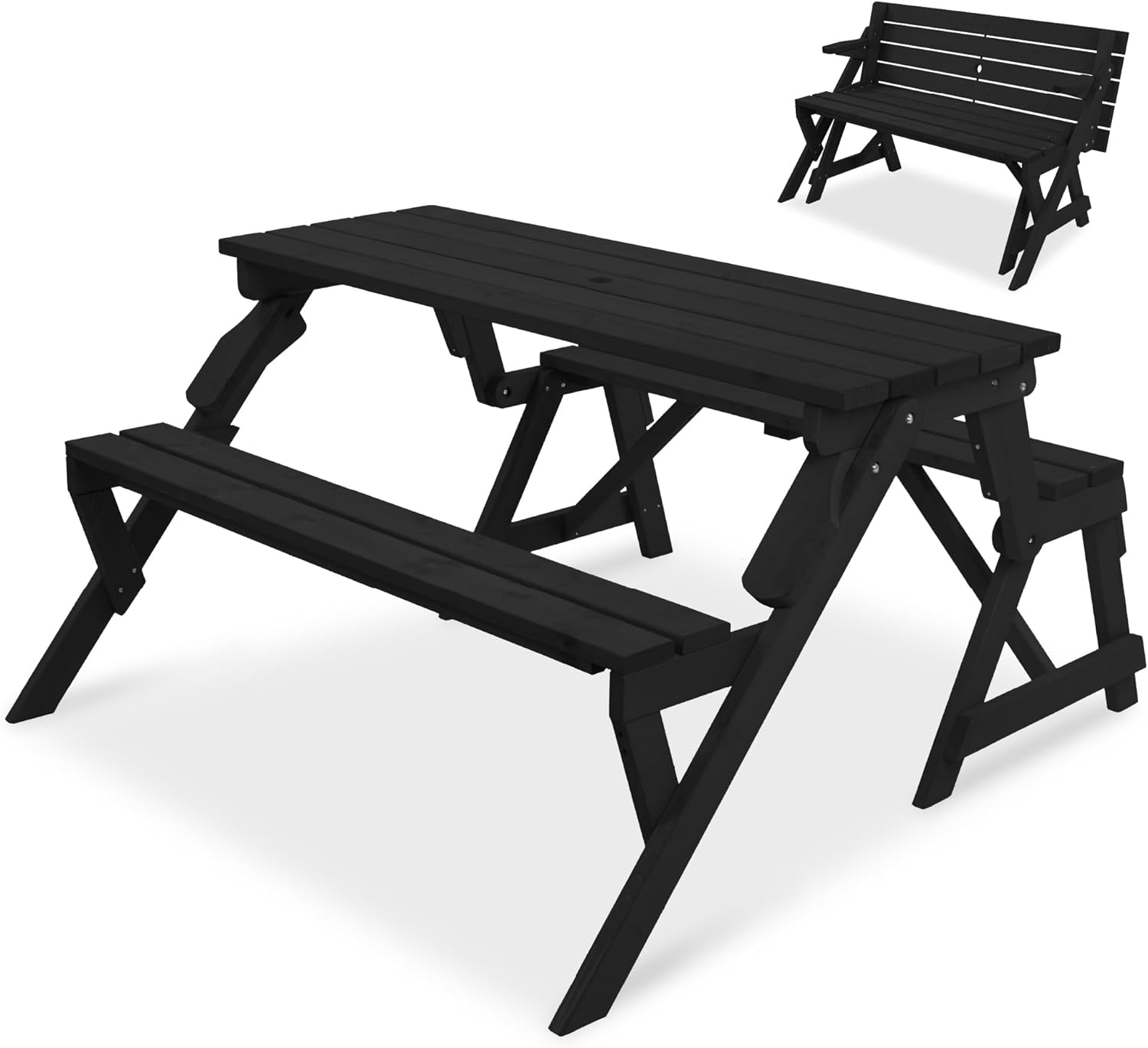 Best Choice Products 2-in-1 Transforming Interchangeable Outdoor Wooden Picnic Table Garden Bench for Backyard, Porch, Patio, Deck w/Umbrella Hole - Black