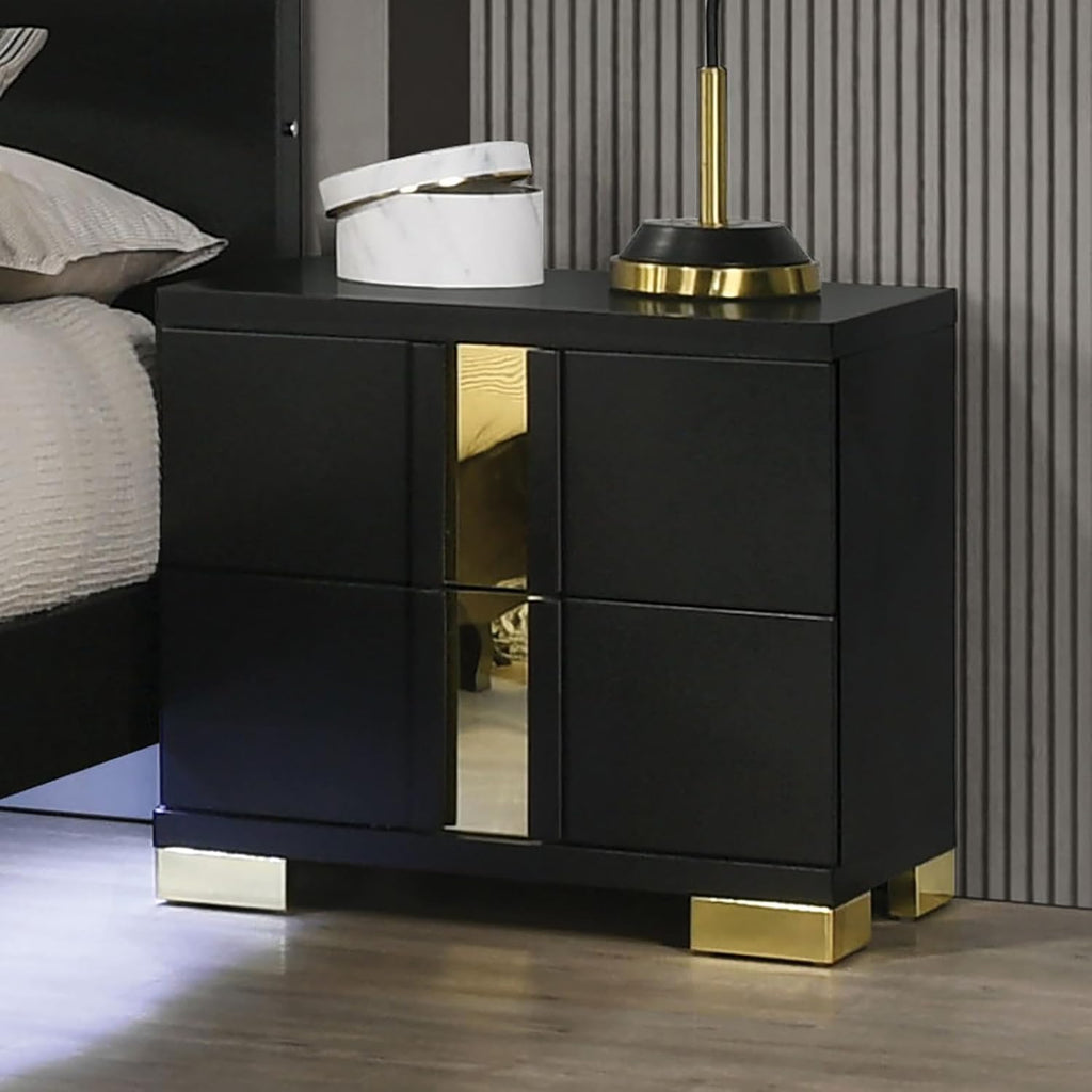 MASARA Contemporary 3-Piece Bedroom Set with Gold Accents, Black Engineered Wood and Metal Construction, Multiple, Ball-Bearing Glides, Bed with 2 Nightstnads (Full)