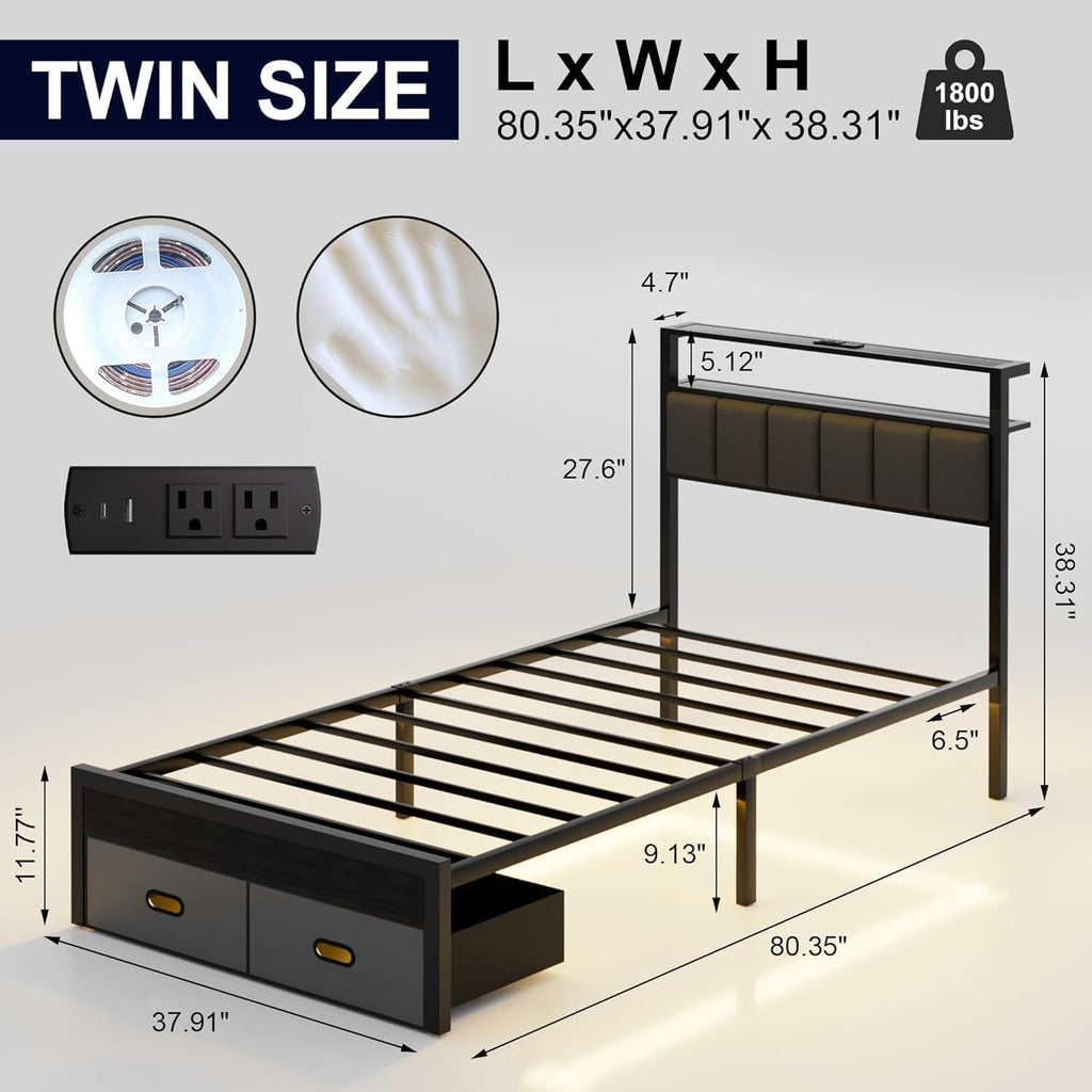 Twin Bed Frames with Storage Drawer, Platform Bed with Charging Station and LED Lights, Upholstered Headboard with 2-Tier Storage Shelves, No Box Spring Needed