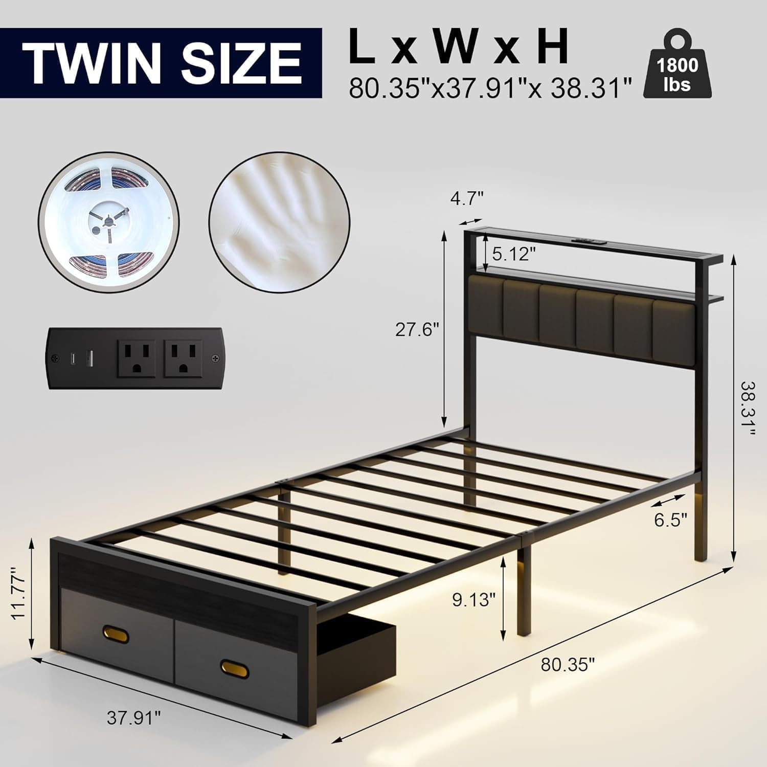 Twin Bed Frames with Storage Drawer, Platform Bed with Charging Station and LED Lights, Upholstered Headboard with 2-Tier Storage Shelves, No Box Spring Needed