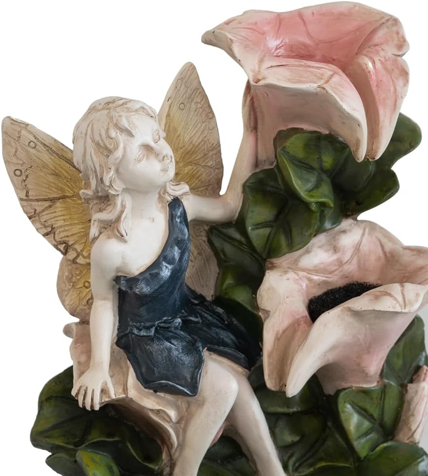8.9x4.7x13.4 Decorative 3 Tier Tabletop Water Fountain with Fairy and LED Light, Angel Girl with Pink Flower Design, for Indoor Tabletop and Outdoor