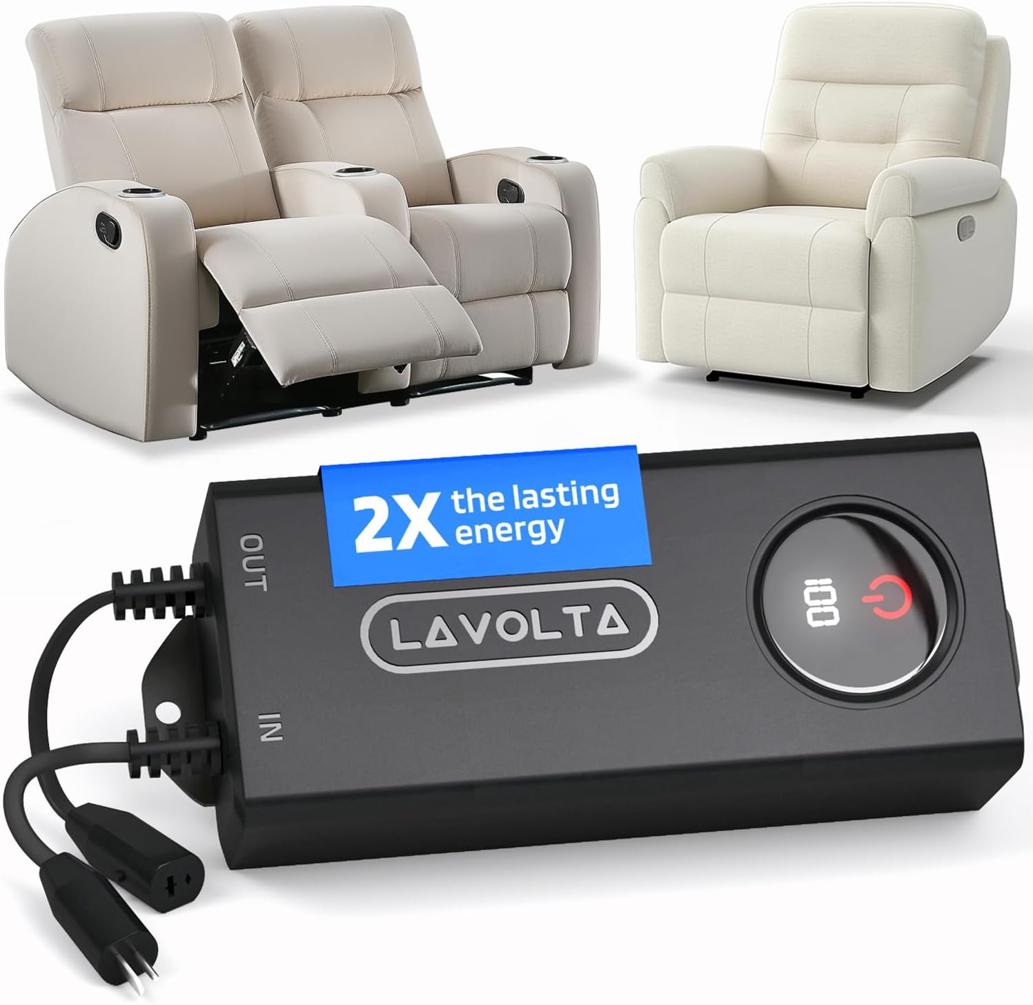 Lavolta Battery Pack for Reclining Furniture - 5200 mAh Rechargeable Recliner Battery Pack - Universal 2-Pin Power Supply for Electric Recliners, Recliner Chair, Couch, Sofa