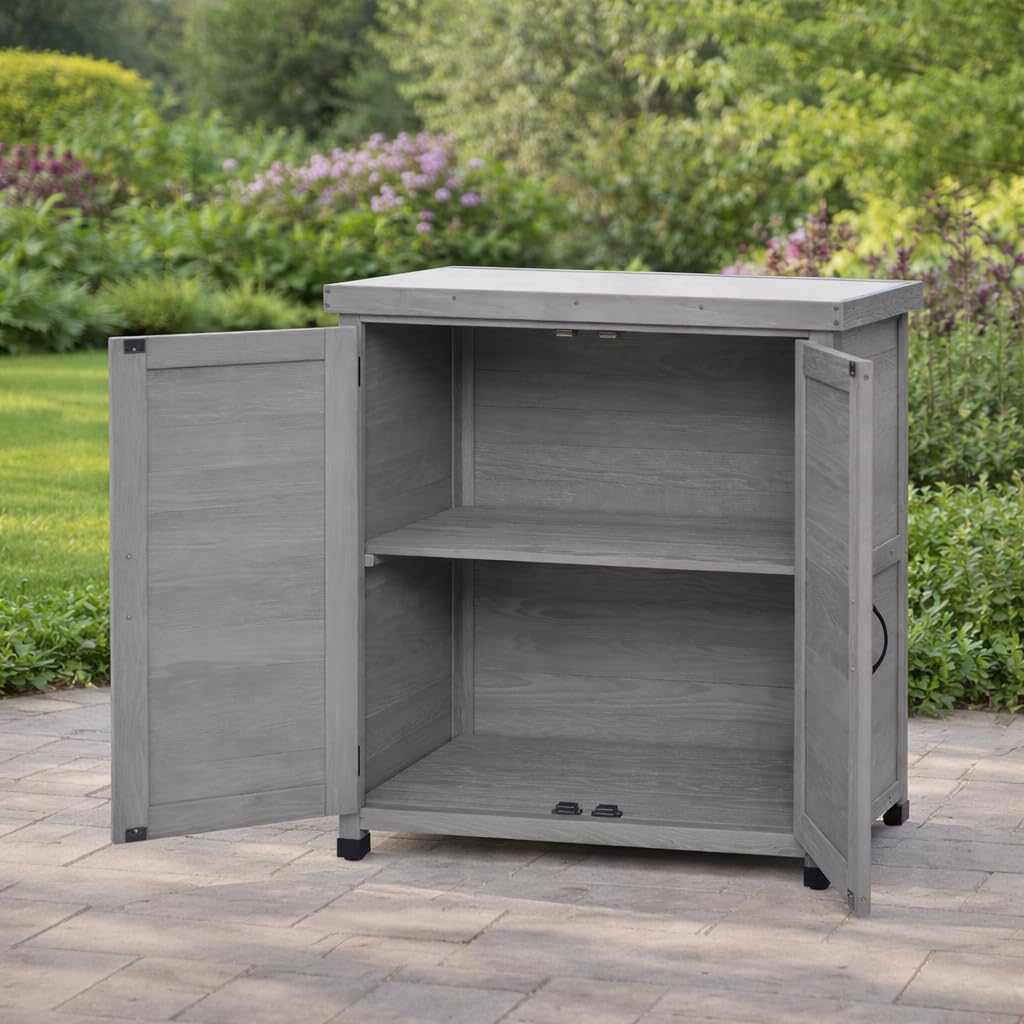 Potting Bench with Storage Cabinet & Metal Top, Solid Wood Hemlock Outdoor Work Station Table, X-Shape Sturdy Design, Magnetic Door, Gray/Light Brown, 31'x17'x36' (Gray)