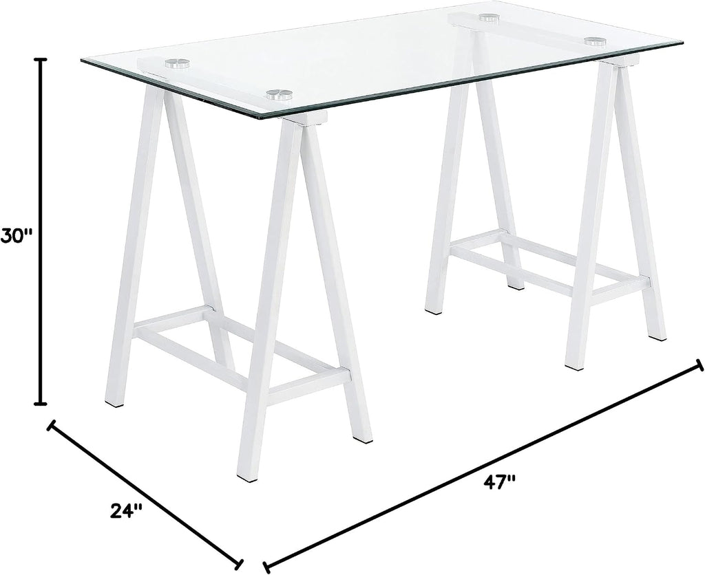 OSP Home Furnishings Middleton 47 Inch Desk with Clear Beveled Glass Top, White Base