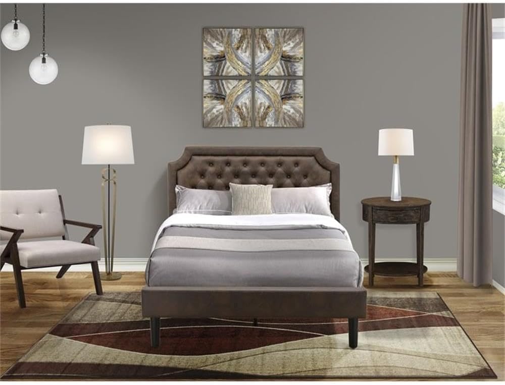 East West Furniture GB25F-1HI07 2-Piece Platform Full Size Bed Set with Button Tufted Upholstered Bed and a Distressed Jacobean Night Stand - Dark Brown faux Leather with Black Texture and Black Legs
