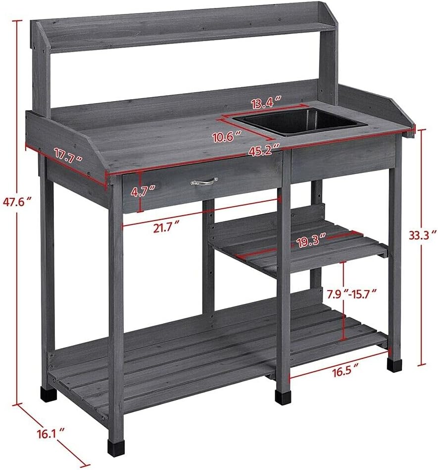 Potting Bench Table Garden Workbench Greenhouse Plastic Sink Indoor Outdoor Easy Assemble Balcony Elegant Wooden Work Planting Drawer Patio Furniture Hook Lawn Gardening Care Shelf Tools Hanging Towel
