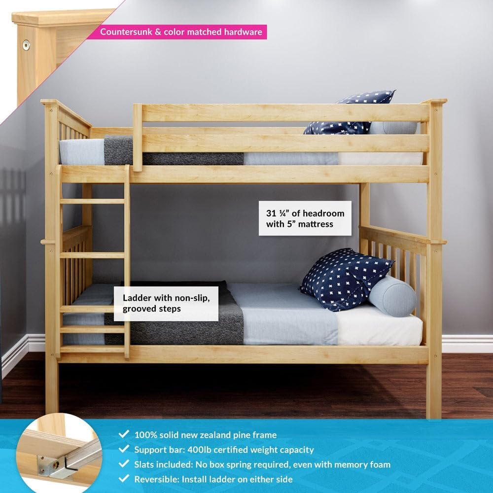 Max & Lily Bunk Bed Twin over Twin, Solid Wood Bunk Bed Frame with Ladder for Kids, 14' Safety Guardrails, Easy Assembly, No Box Spring Needed, Natural
