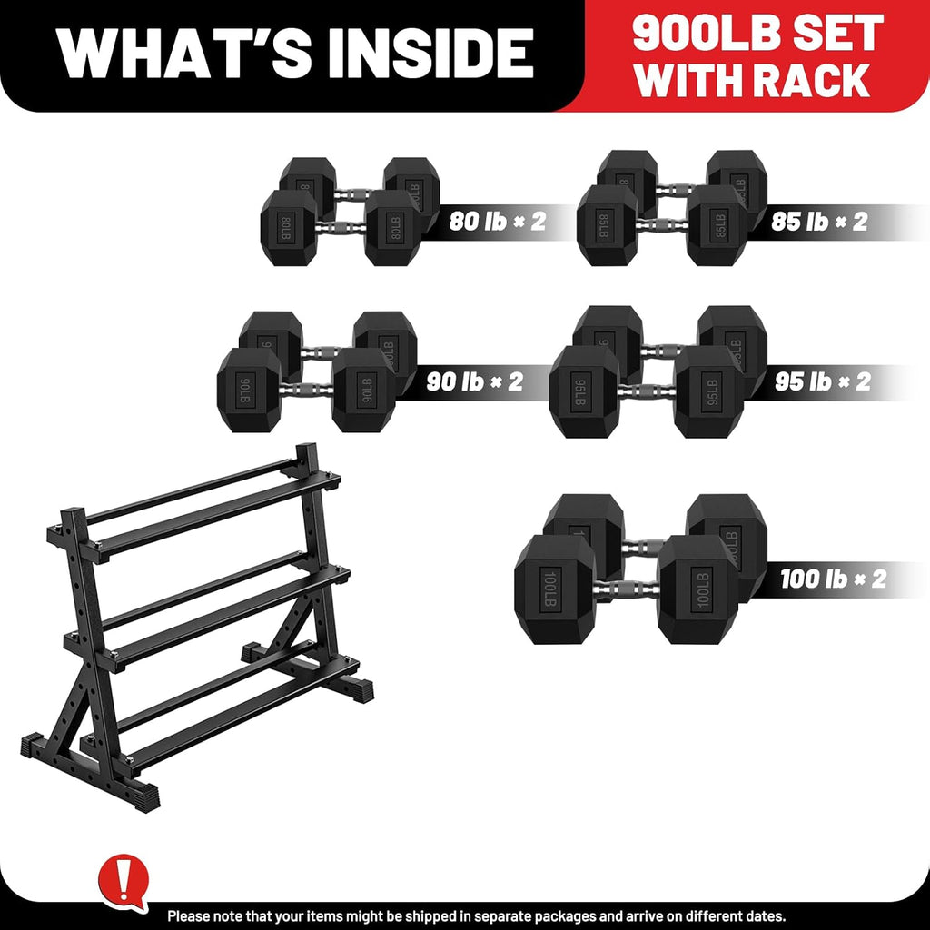 PAPABABE Hex Dumbbell Set with Rack, Rubber Encased Free Weight with Weight Storage Racks, Multiple Weight Options for Home Gym and Fitness