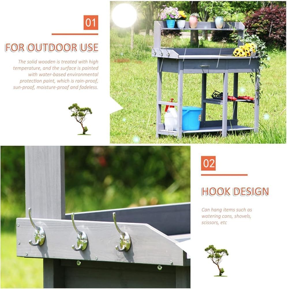 Planting Work Bench with Removable Sink - Potting Table with Storage Shelves & Drawer for Gardening