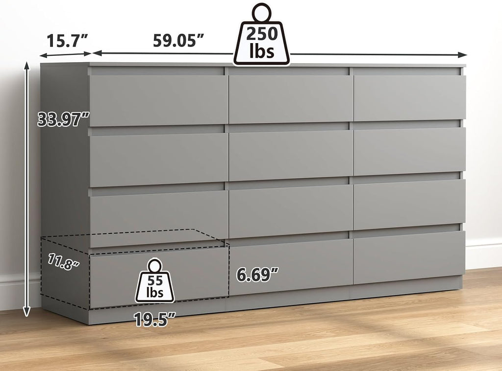Vibe & Dine 12 Drawer Dresser, Grey Dressers for Bedroom Free Handle, Modern Chest of Drawers with Wide Storage for Closet, Living Room, Hallway