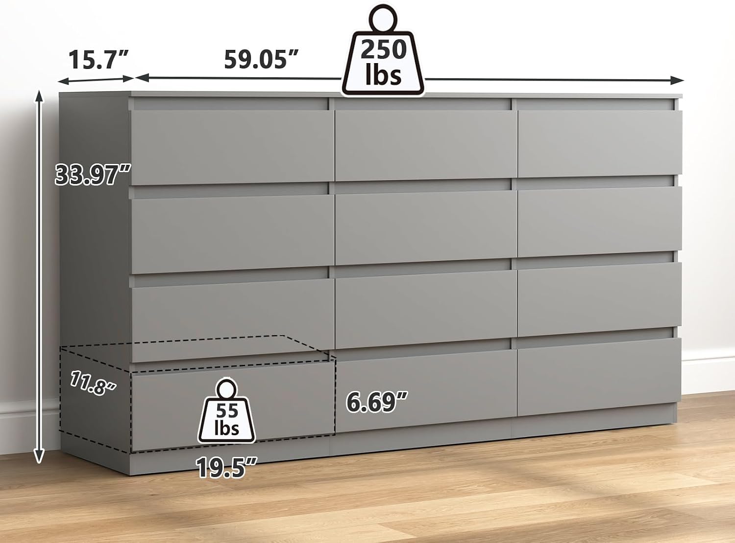 Vibe & Dine 12 Drawer Dresser, Grey Dressers for Bedroom Free Handle, Modern Chest of Drawers with Wide Storage for Closet, Living Room, Hallway